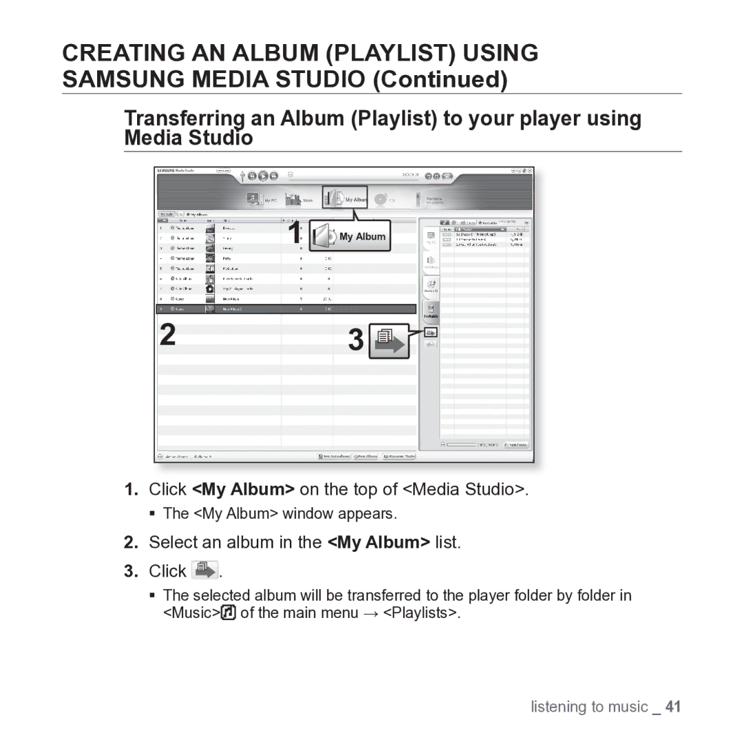 Samsung YP-U3 user manual Click My Album on the top of Media Studio, Select an album in the My Album list Click 