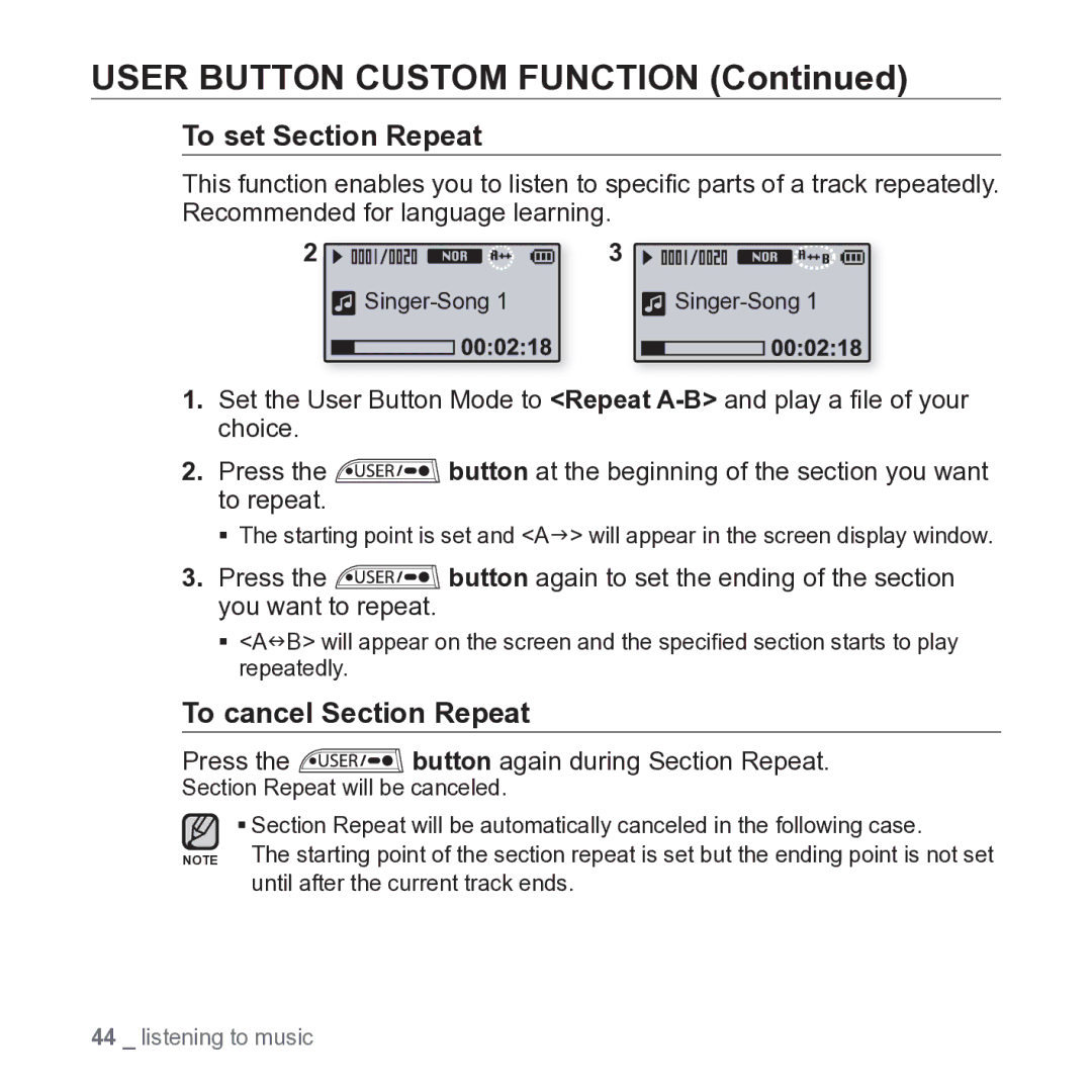 Samsung YP-U3 user manual User Button Custom Function, Press the button again during Section Repeat 