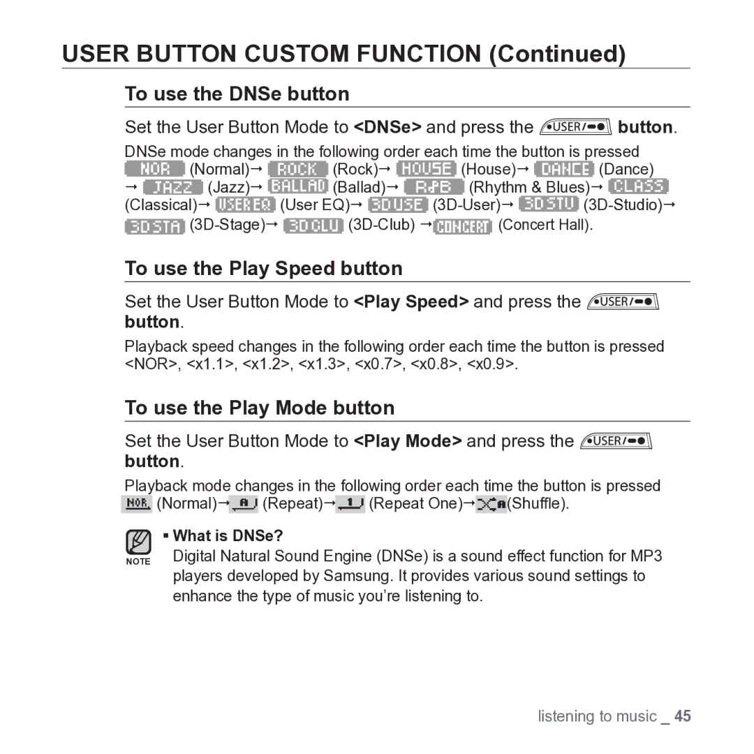 Samsung YP-U3 user manual Set the User Button Mode to DNSe and press the button 