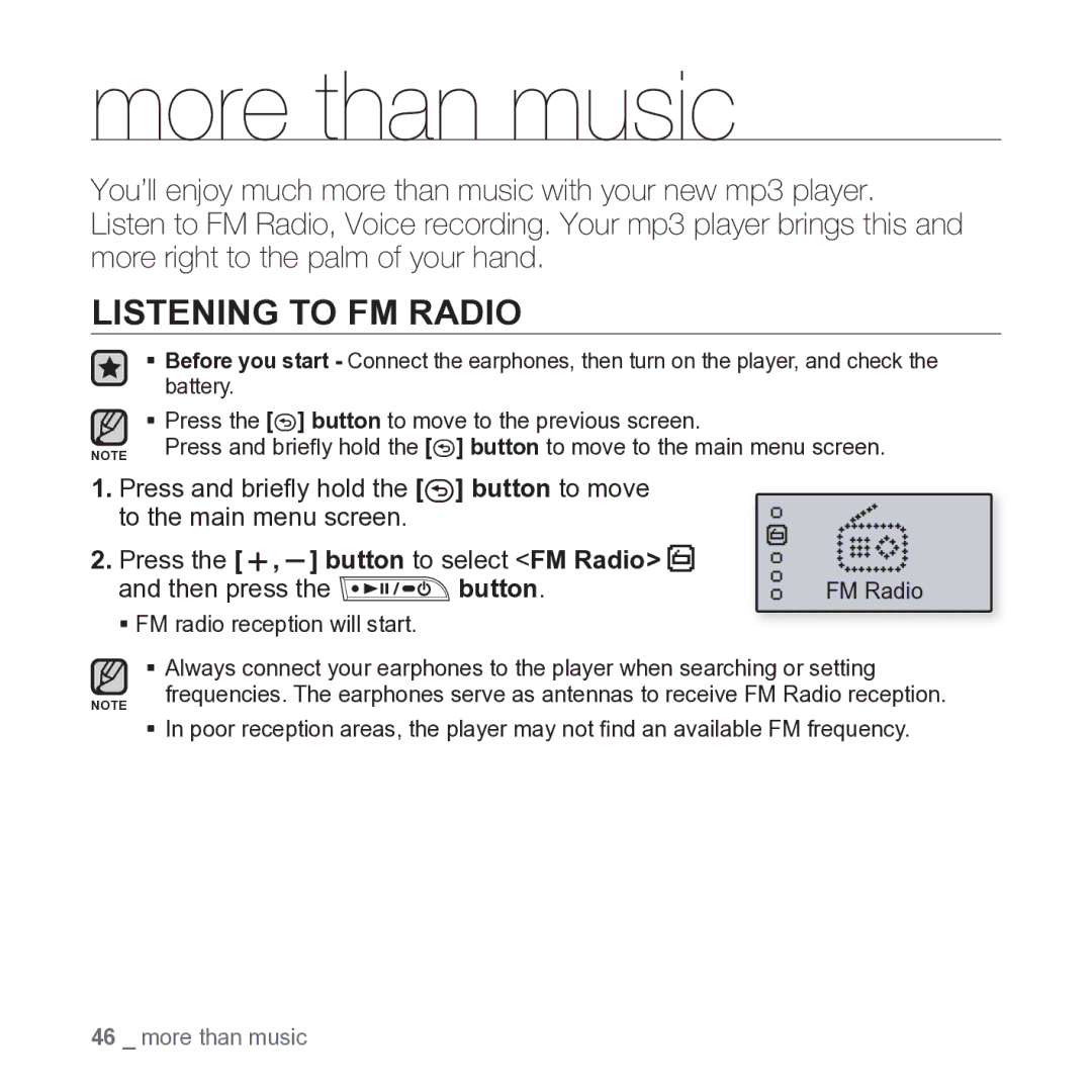 Samsung YP-U3 user manual More than music, Listening to FM Radio, Press the , button to select FM Radio Then press Button 