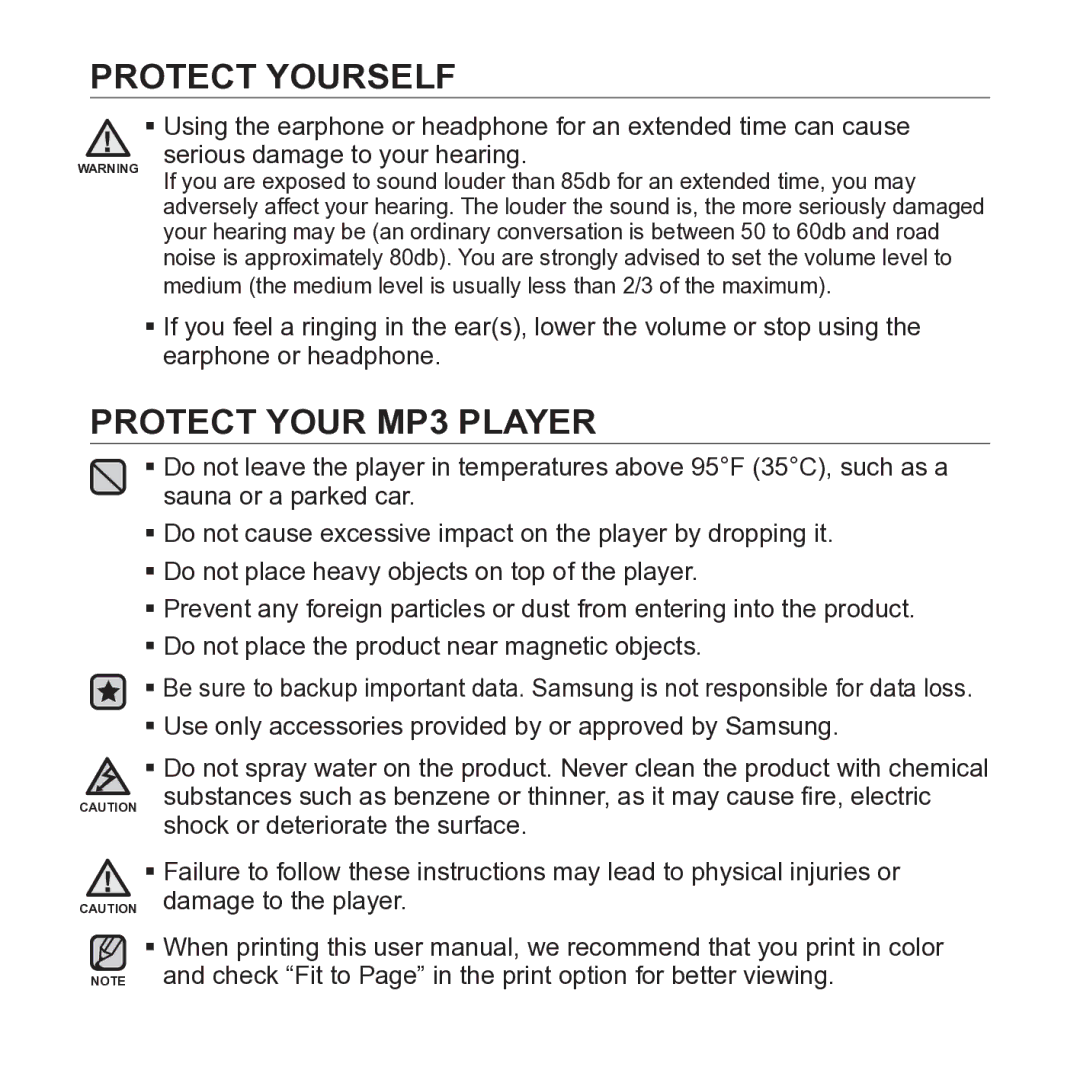 Samsung YP-U3 user manual Protect Your MP3 Player 