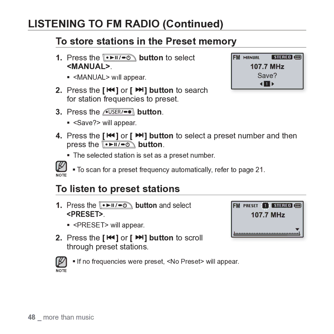 Samsung YP-U3 user manual To store stations in the Preset memory, To listen to preset stations, Press Button to select 