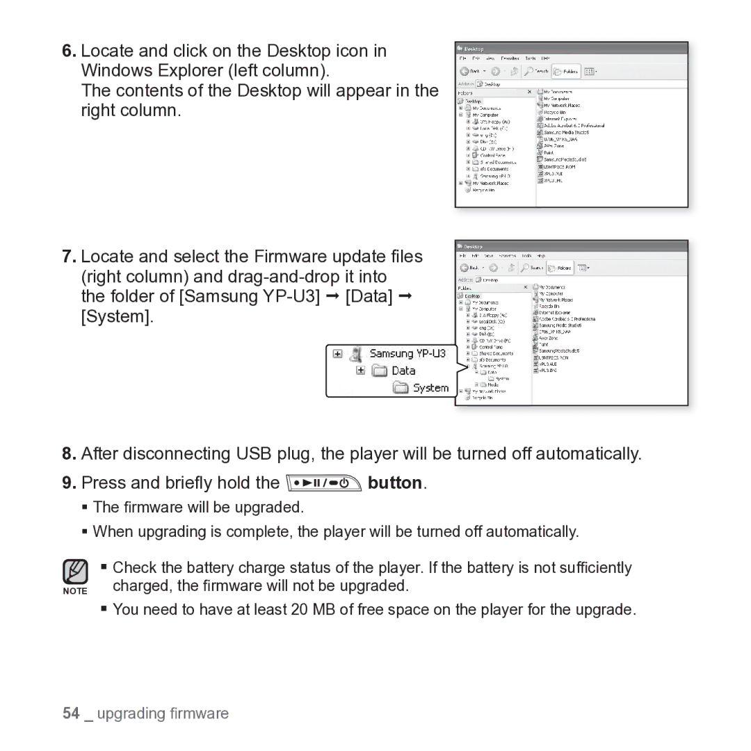 Samsung YP-U3 user manual Upgrading ﬁrmware 