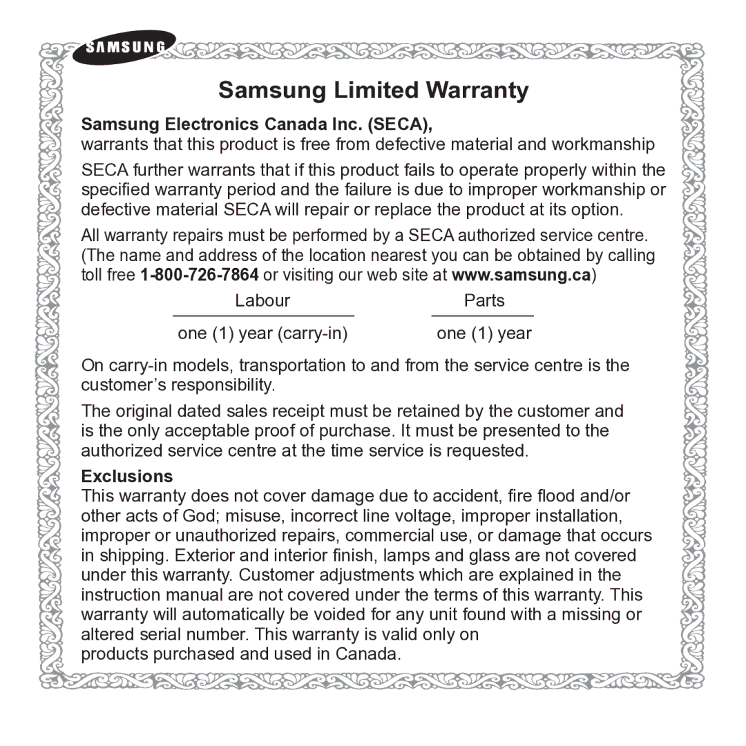 Samsung YP-U3 user manual Samsung Electronics Canada Inc. Seca, LabourParts One 1 year carry-in, Exclusions 