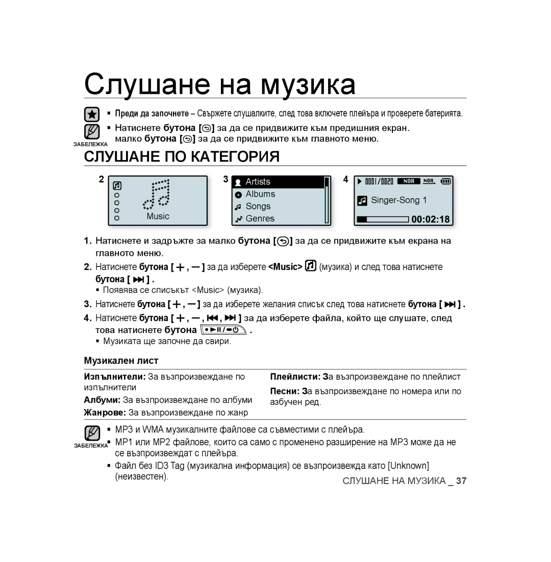 Samsung YP-U3JAW/XEO, YP-U3JAB/XET, YP-U2RZB/XET, YP-U3JZB/XET, YP-U3JAB/XEO manual Слушане ПО Категория, Музикален лист 