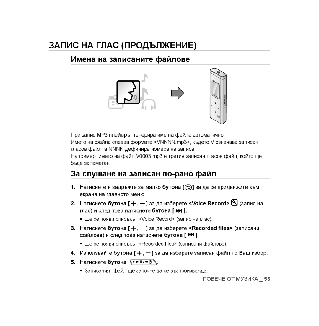 Samsung YP-U2RZB/XET, YP-U3JAB/XET, YP-U3JZB/XET manual Имена на записаните файлове, За слушане на записан по-рано файл 