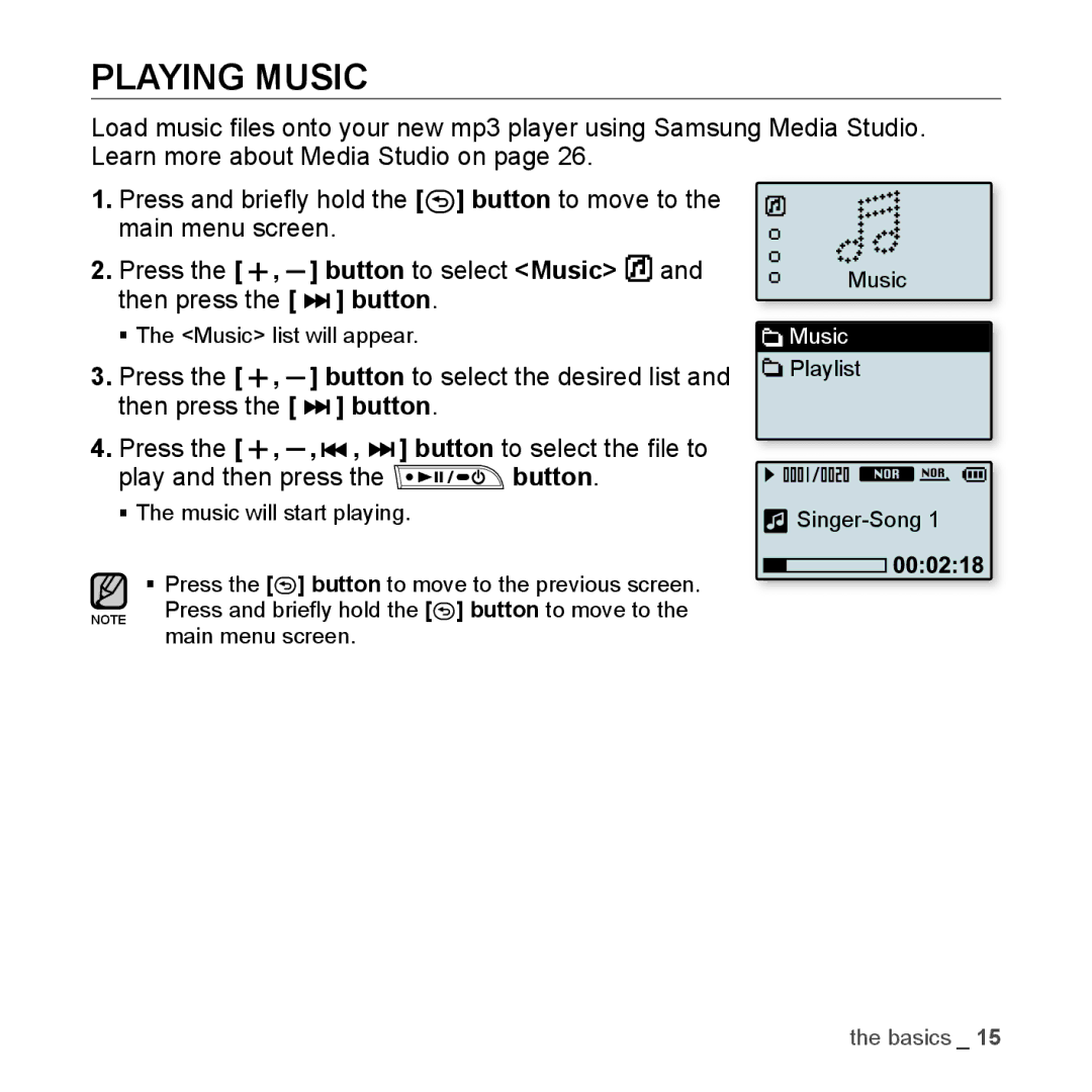 Samsung YP-U3JZL/XEO, YP-U3JZB/XEF, YP-U3JZP/XET, YP-U3JZG/XET, YP-U3JZW/XEO, YP-U3JAW/XEO, YP-U3JZG/XEO manual Playing Music 