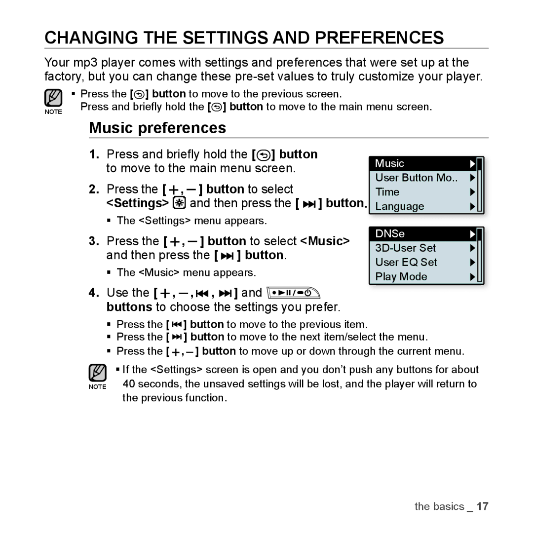 Samsung YP-U3JQB/XEO, YP-U3JZB/XEF Changing the Settings and Preferences, Music preferences, Press the , button to select 