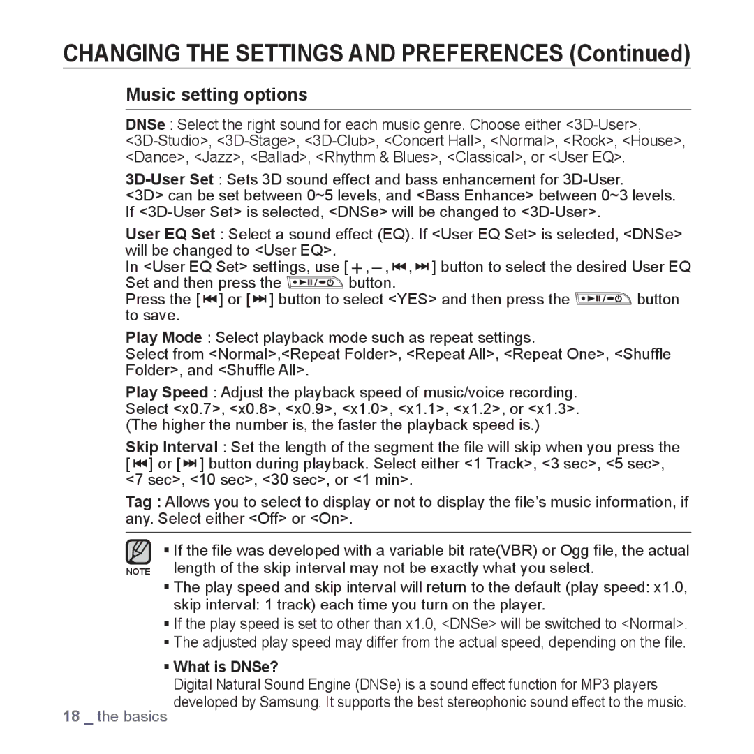 Samsung YP-U3JZB/XEF, YP-U3JZP/XET, YP-U3JZG/XET, YP-U3JZW/XEO Changing the Settings and Preferences, Music setting options 