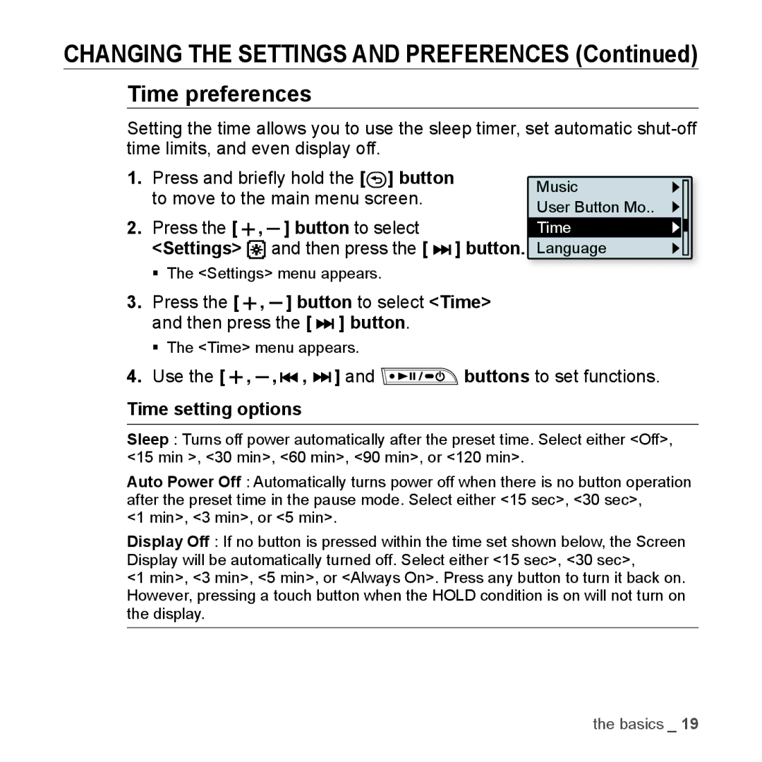 Samsung YP-U3JZP/XET Time preferences, Press the , button to select Time and then press the button, Time setting options 