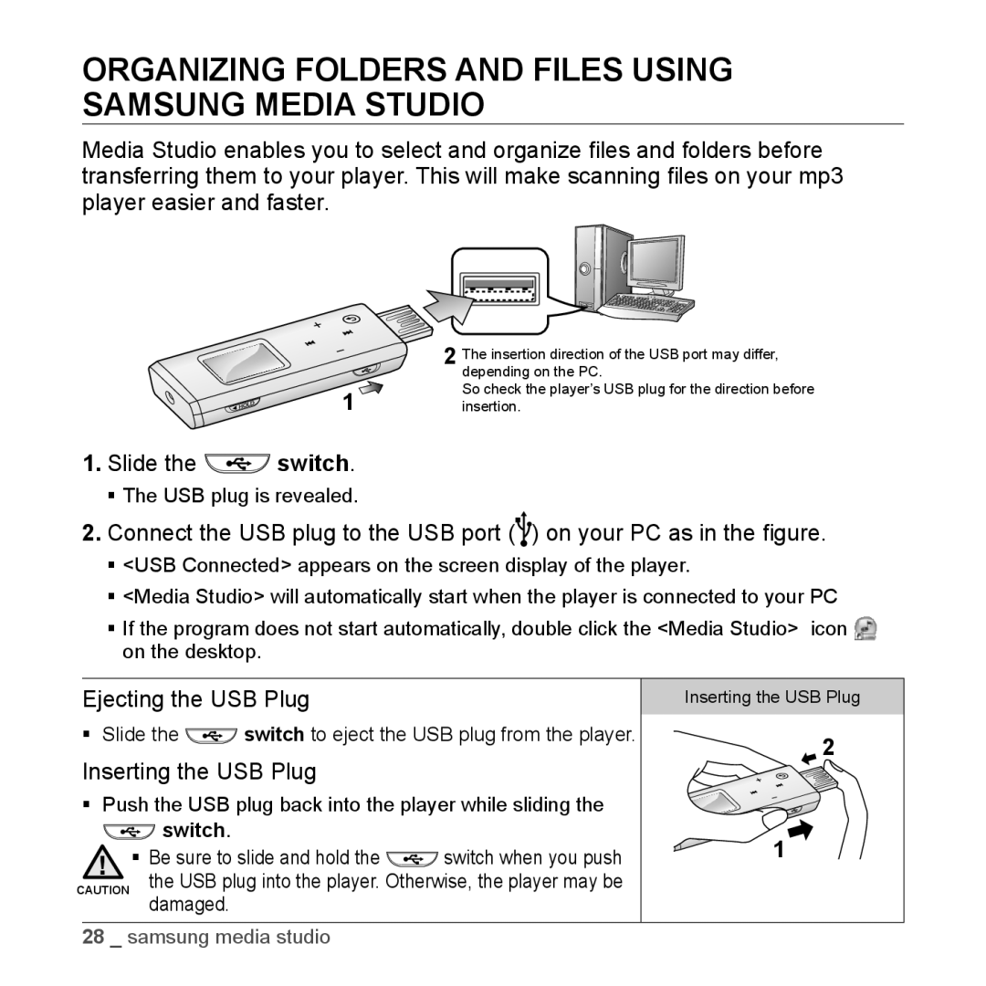 Samsung YP-U3JZB/XEF, YP-U3JZP/XET manual Organizing Folders and Files Using Samsung Media Studio, Ejecting the USB Plug 