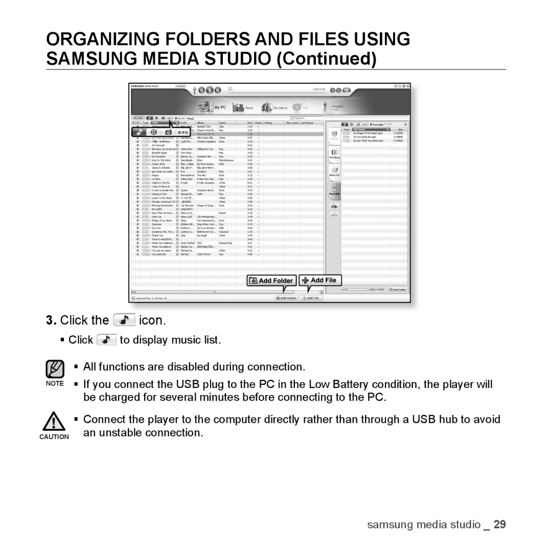 Samsung YP-U3JZP/XET, YP-U3JZB/XEF, YP-U3JZG/XET Organizing Folders and Files Using Samsung Media Studio, Click the icon 