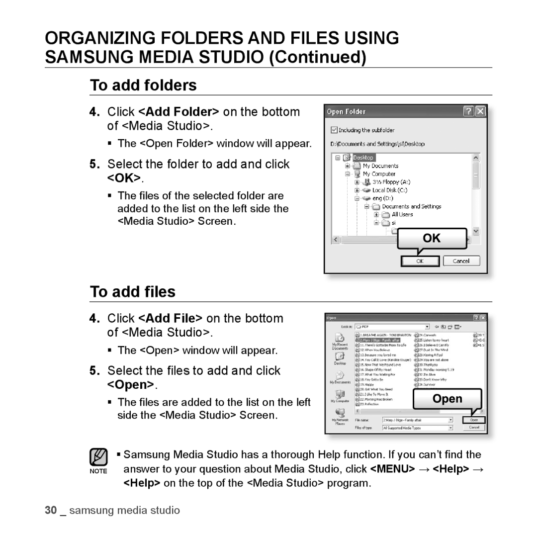 Samsung YP-U3JZG/XET, YP-U3JZB/XEF, YP-U3JZP/XET, YP-U3JZW/XEO, YP-U3JAW/XEO, YP-U3JZG/XEO manual To add folders, To add ﬁles 