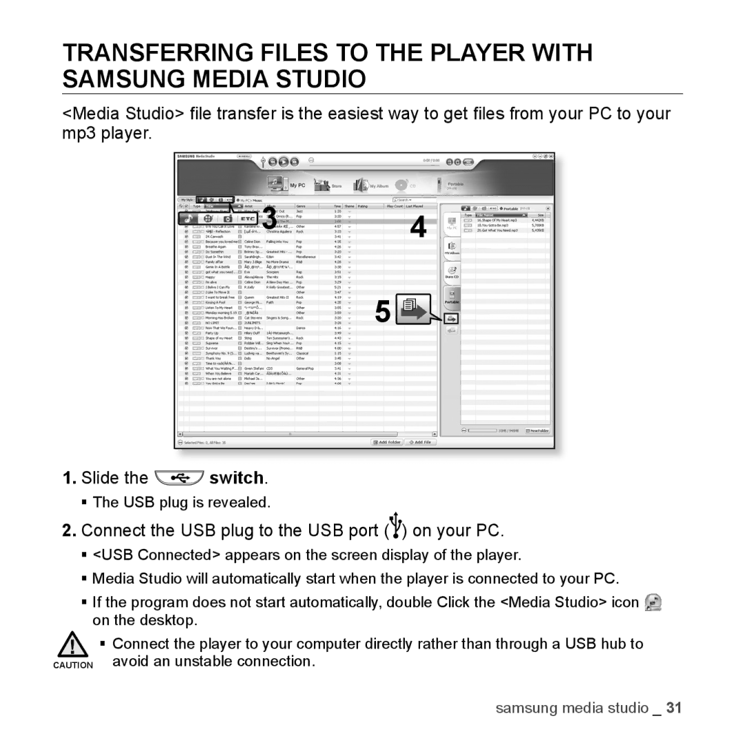 Samsung YP-U3JZW/XEO, YP-U3JZB/XEF, YP-U3JZP/XET, YP-U3JZG/XET Transferring Files to the Player with Samsung Media Studio 