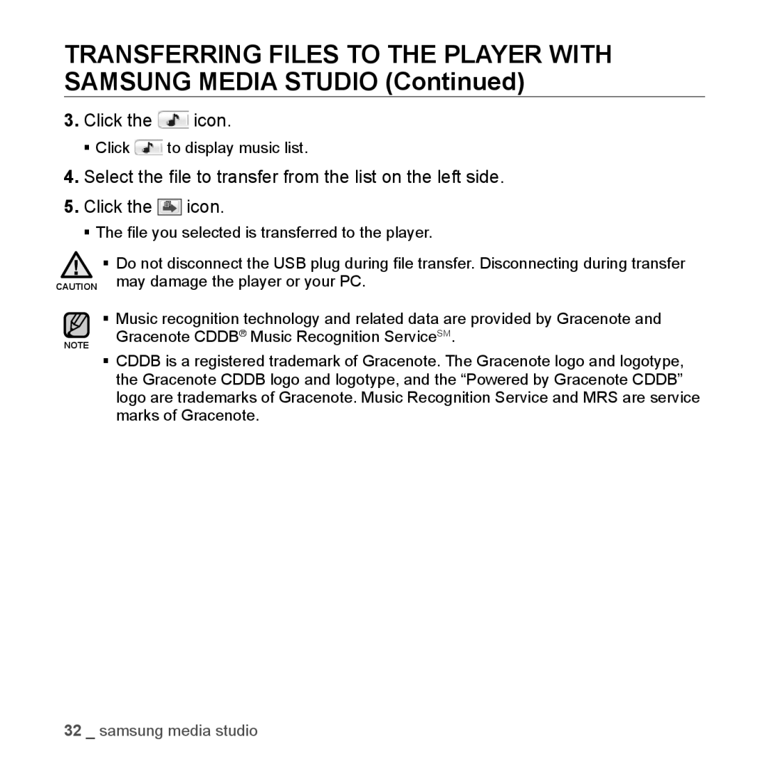 Samsung YP-U3JAW/XEO, YP-U3JZB/XEF, YP-U3JZP/XET, YP-U3JZG/XET Transferring Files to the Player with Samsung Media Studio 