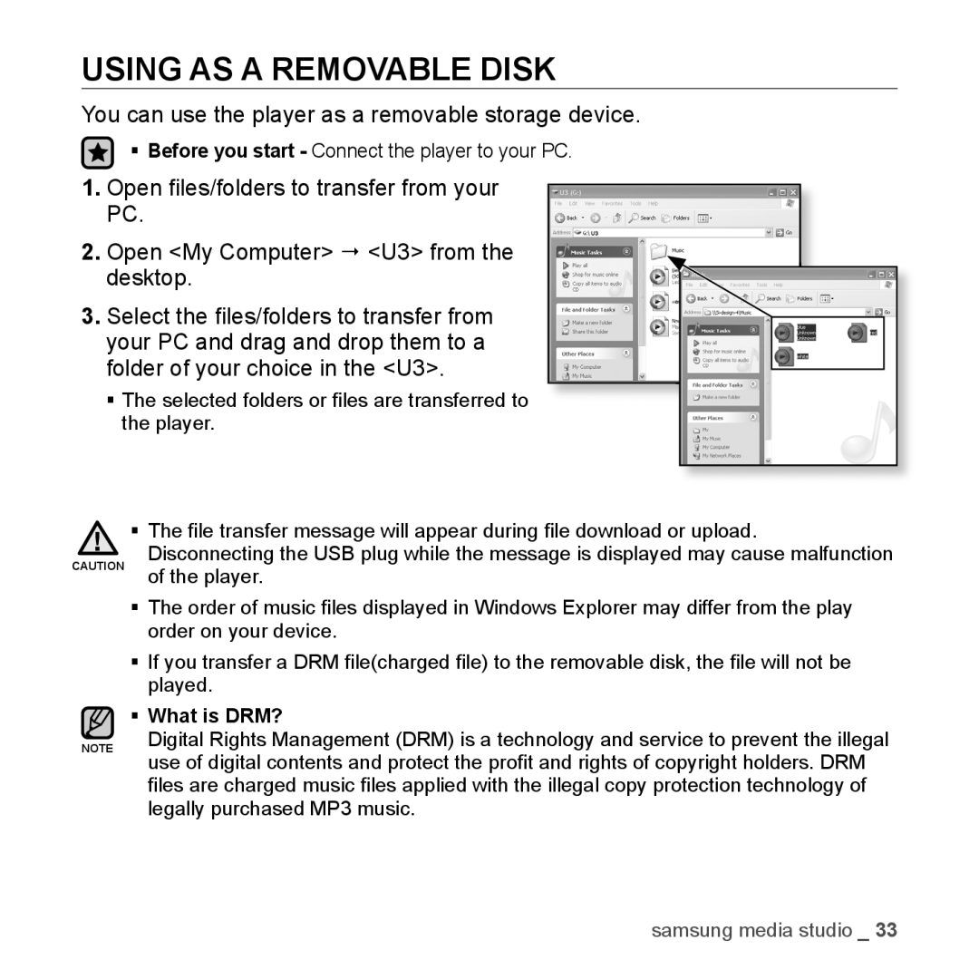 Samsung YP-U3JZG/XEO, YP-U3JZB/XEF manual Using AS a Removable Disk, You can use the player as a removable storage device 