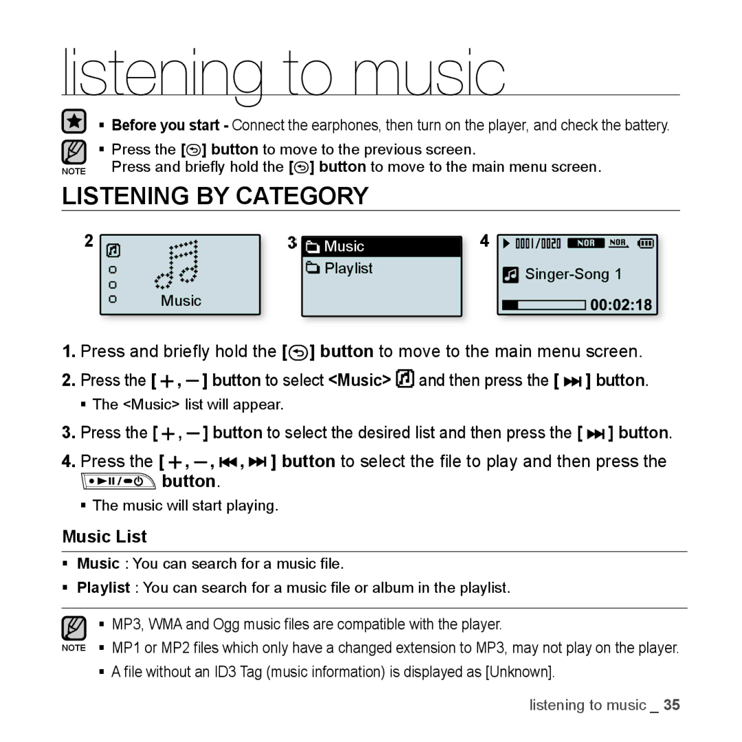 Samsung YP-U3JZL/XEO, YP-U3JZB/XEF, YP-U3JZP/XET, YP-U3JZG/XET Listening to music, Listening by Category, Button, Music List 