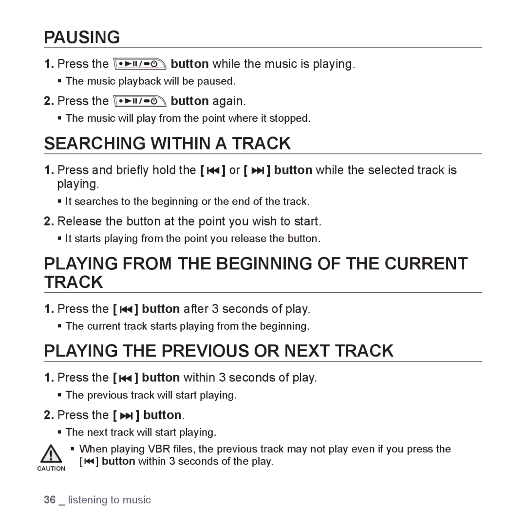 Samsung YP-U3JZP/XEO, YP-U3JZB/XEF manual Pausing, Searching Within a Track, Playing from the Beginning of the Current Track 