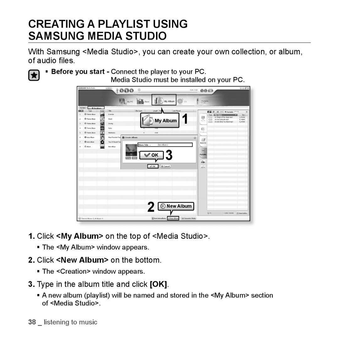 Samsung YP-U3JZB/XEF manual Creating a Playlist Using Samsung Media Studio, Click My Album on the top of Media Studio 