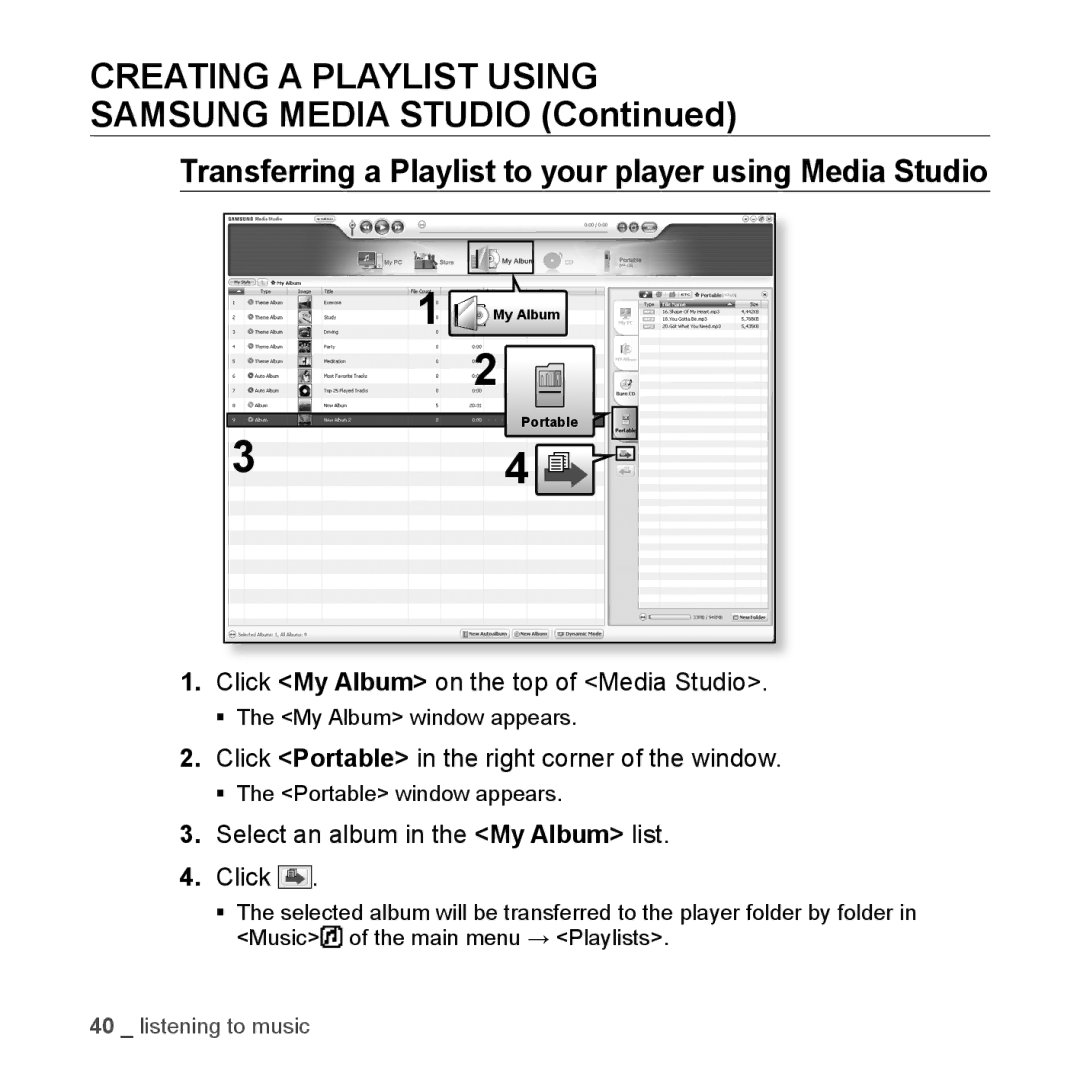 Samsung YP-U3JZG/XET, YP-U3JZB/XEF, YP-U3JZP/XET, YP-U3JZW/XEO, YP-U3JAW/XEO, YP-U3JZG/XEO manual Creating a Playlist Using 