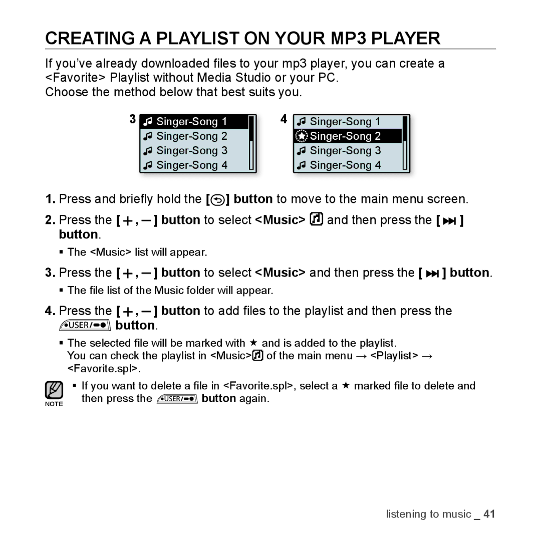 Samsung YP-U3JZW/XEO, YP-U3JZB/XEF, YP-U3JZP/XET, YP-U3JZG/XET manual Creating a Playlist on Your MP3 Player, Then press 