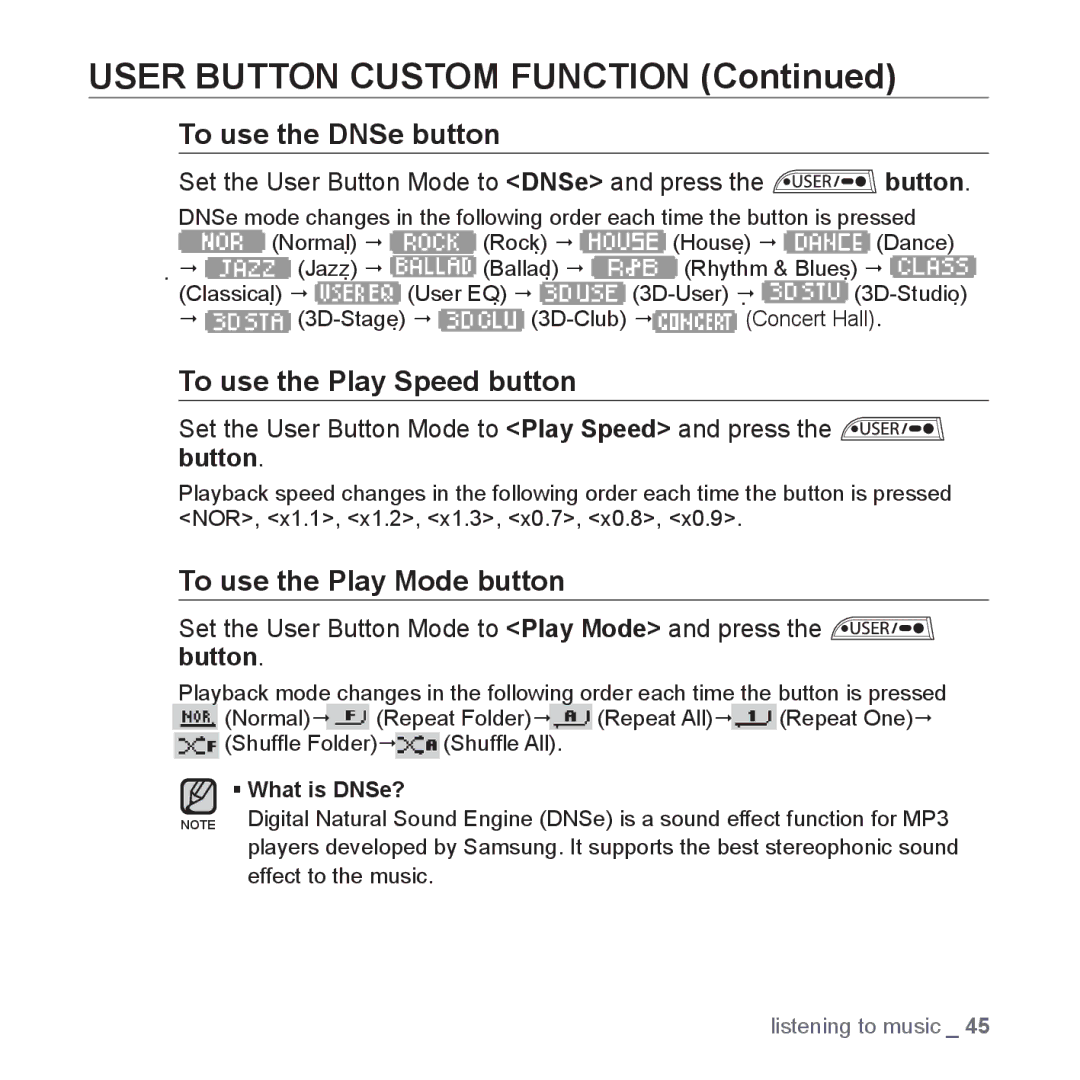 Samsung YP-U3JZL/XEO, YP-U3JZB/XEF, YP-U3JZP/XET, YP-U3JZG/XET manual Set the User Button Mode to DNSe and press the button 