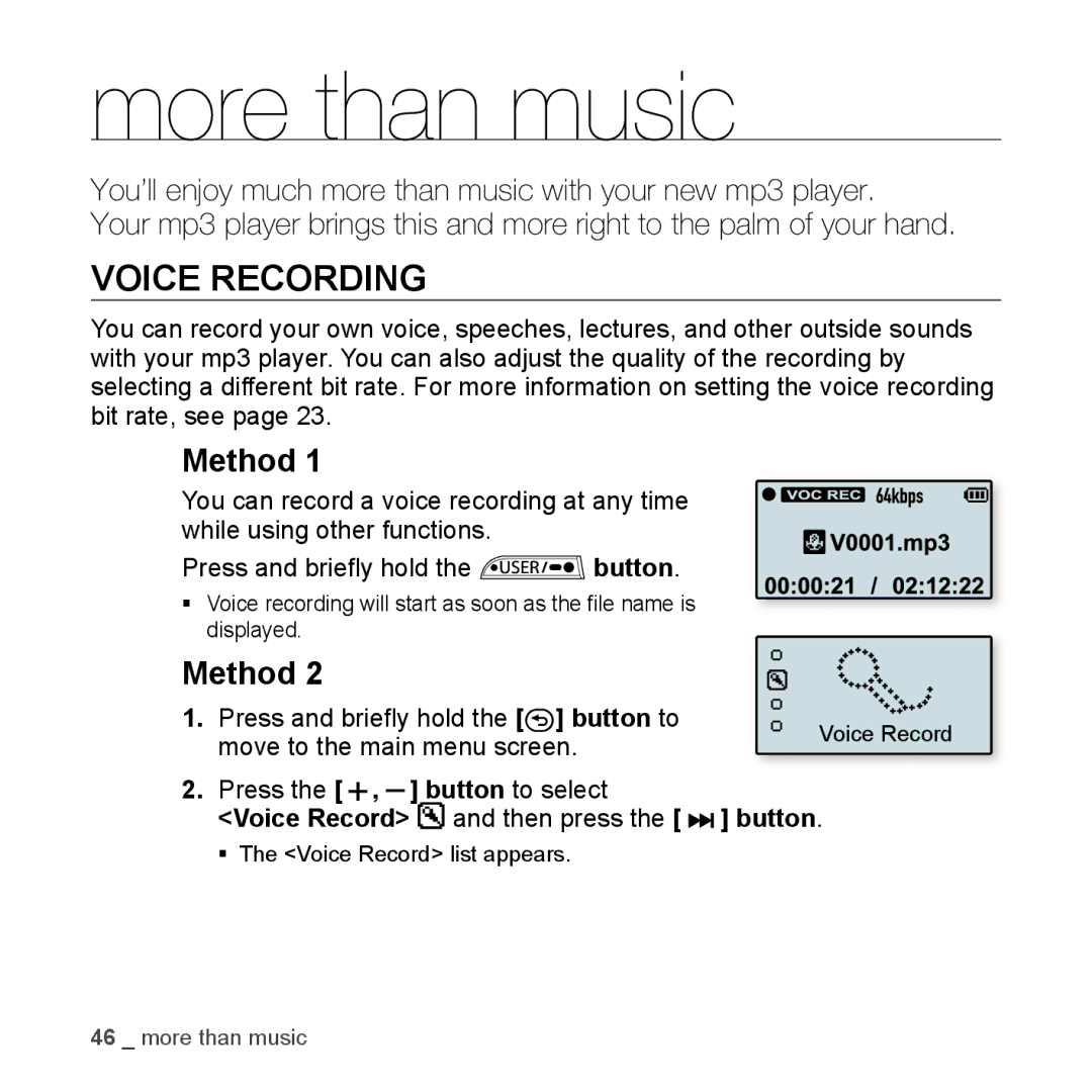 Samsung YP-U3JZP/XEO, YP-U3JZB/XEF, YP-U3JZP/XET, YP-U3JZG/XET, YP-U3JZW/XEO manual More than music, Voice Recording, Method 