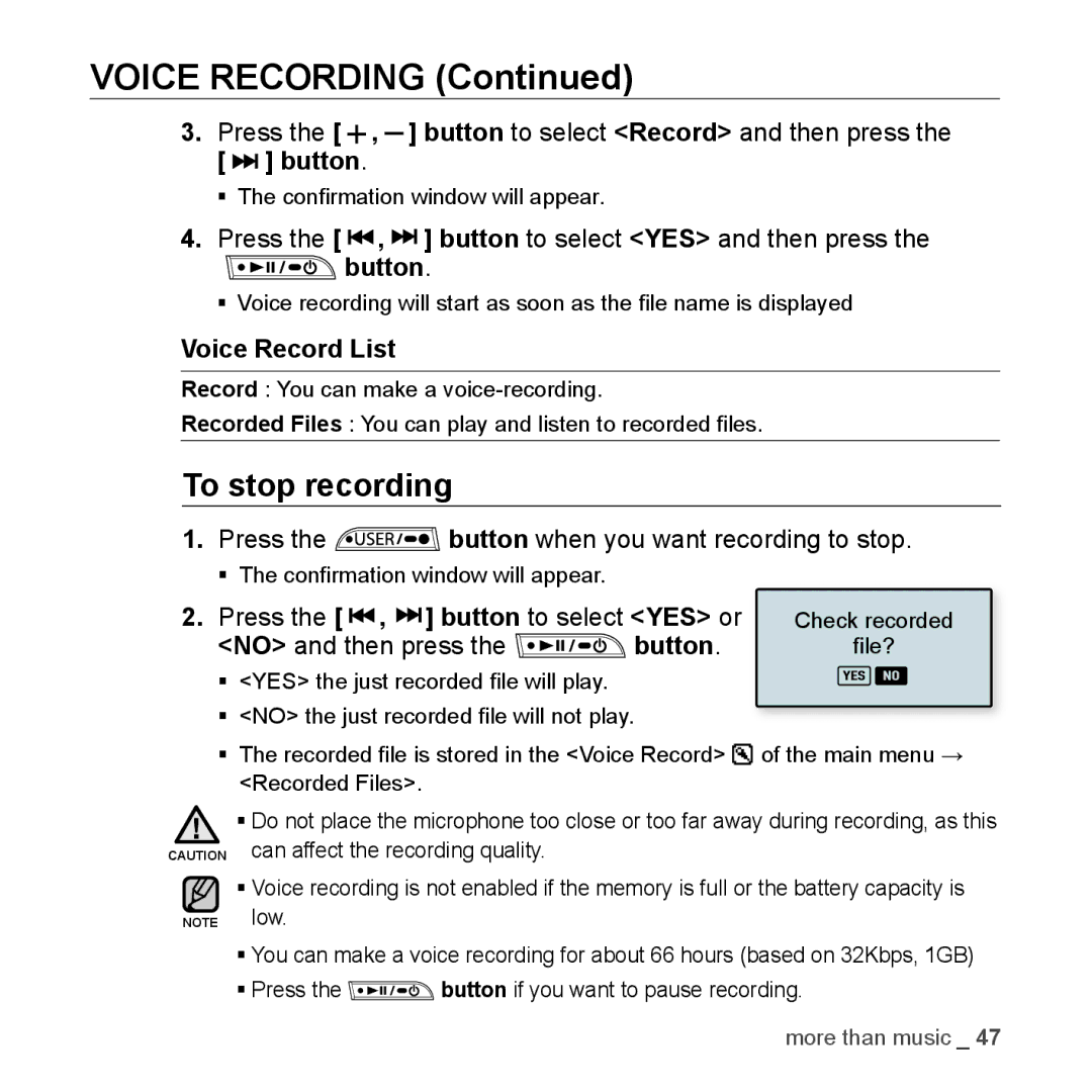 Samsung YP-U3JQB/XEO To stop recording, Voice Record List, Press the , button to select YES or, No and then press Button 