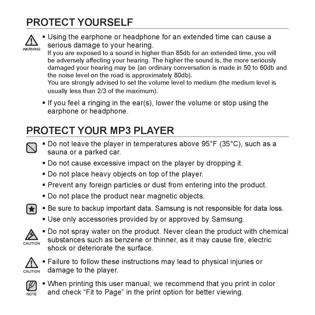 Samsung YP-U3JZG/XEO, YP-U3JZB/XEF, YP-U3JZP/XET, YP-U3JZG/XET, YP-U3JZW/XEO, YP-U3JAW/XEO manual Protect Your MP3 Player 