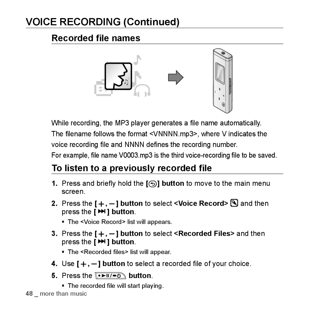 Samsung YP-U3JZB/XEF, YP-U3JZP/XET, YP-U3JZG/XET, YP-U3JZW/XEO Recorded ﬁle names, To listen to a previously recorded ﬁle 