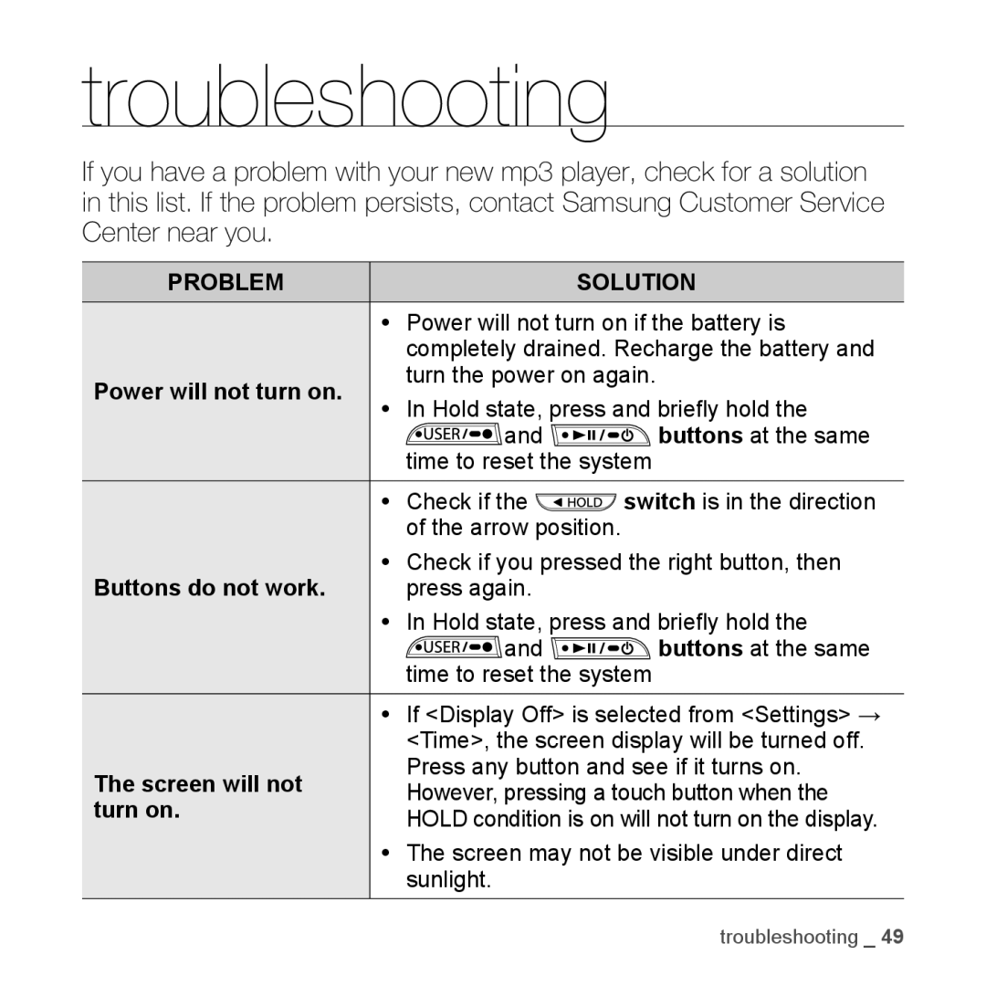 Samsung YP-U3JZP/XET, YP-U3JZB/XEF Troubleshooting, Power will not turn on, Buttons do not work, Screen will not, Turn on 