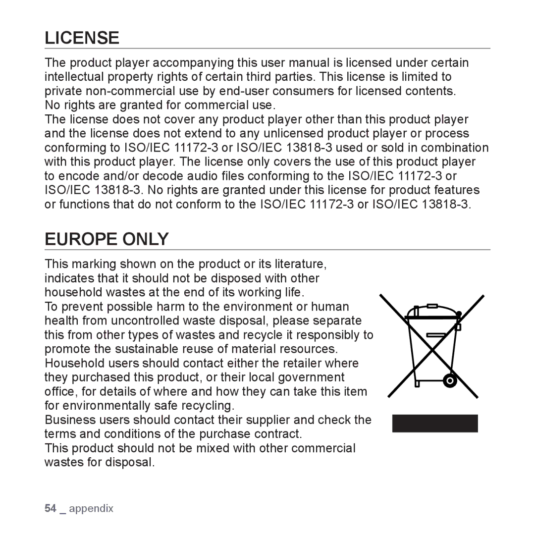 Samsung YP-U3JZB/XEO, YP-U3JZB/XEF, YP-U3JZP/XET, YP-U3JZG/XET, YP-U3JZW/XEO, YP-U3JAW/XEO, YP-U3JZG/XEO License, Europe only 