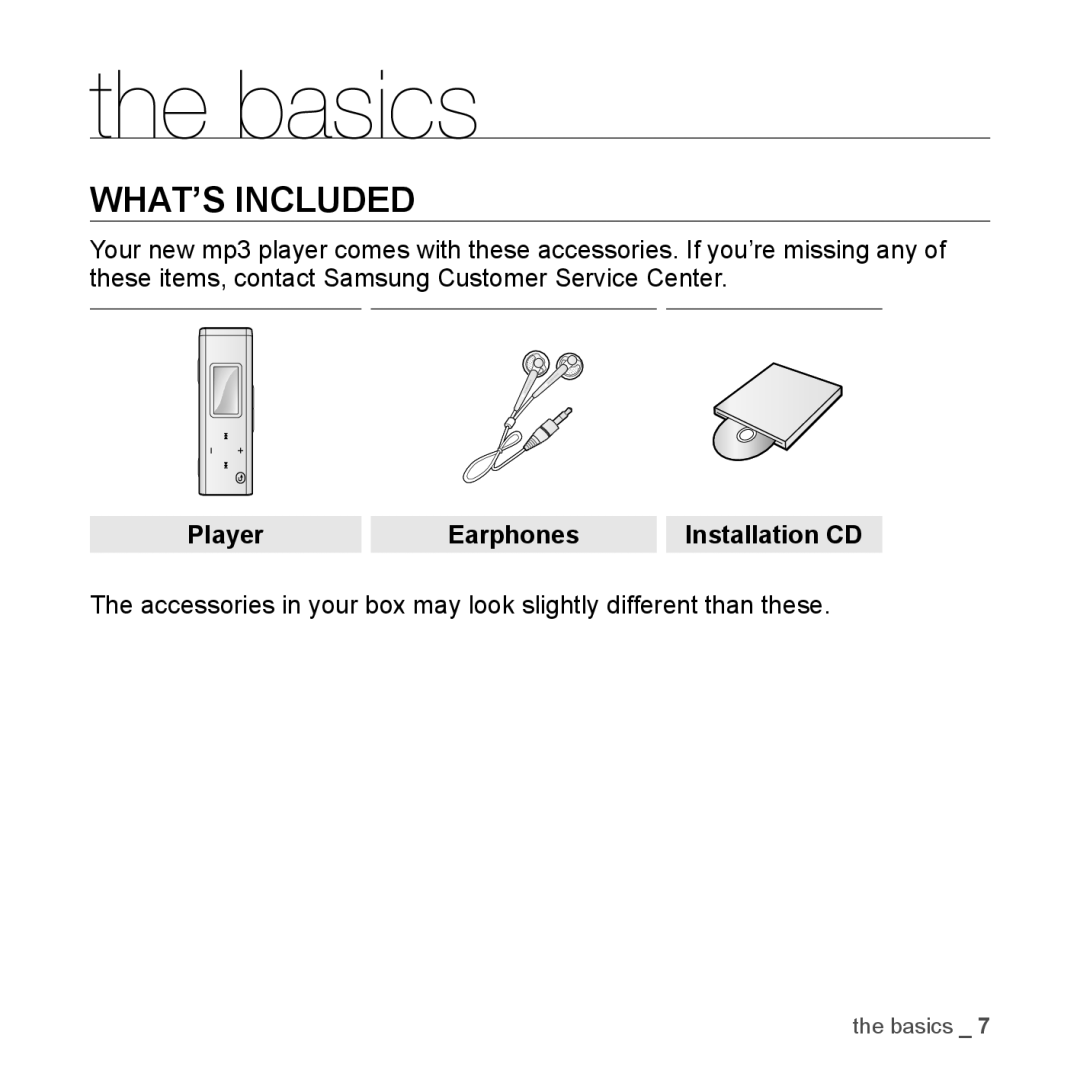 Samsung YP-U3JQB/XEO, YP-U3JZB/XEF, YP-U3JZP/XET, YP-U3JZG/XET, YP-U3JZW/XEO manual Basics, WHAT’S Included, Player Earphones 