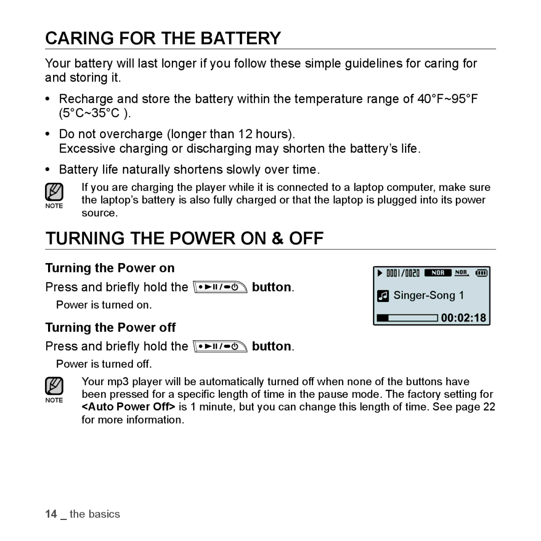 Samsung YP-U2RZB/XET, YP-U3JZW/XEF manual Caring for the Battery, Turning the Power on & OFF, Turning the Power on Button 