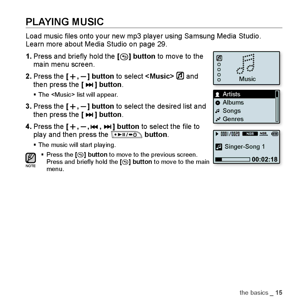 Samsung YP-U3JZW/XET, YP-U3JZW/XEF, YP-U3ZB/XET Playing Music, Press the , button to select Music and then press the button 