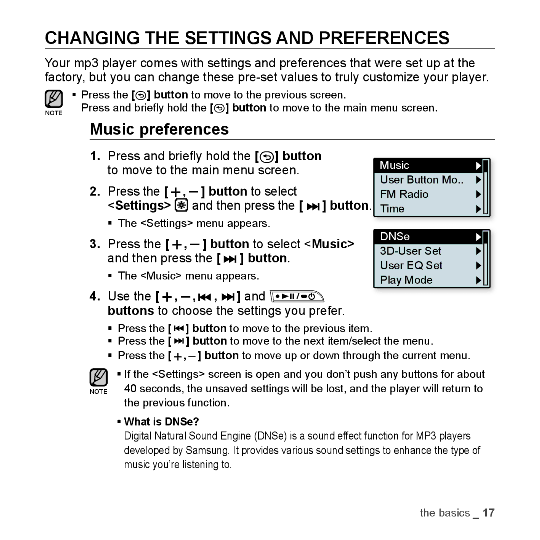 Samsung YP-U3JQB/XET, YP-U3JZW/XEF Changing the Settings and Preferences, Music preferences, Press the , button to select 