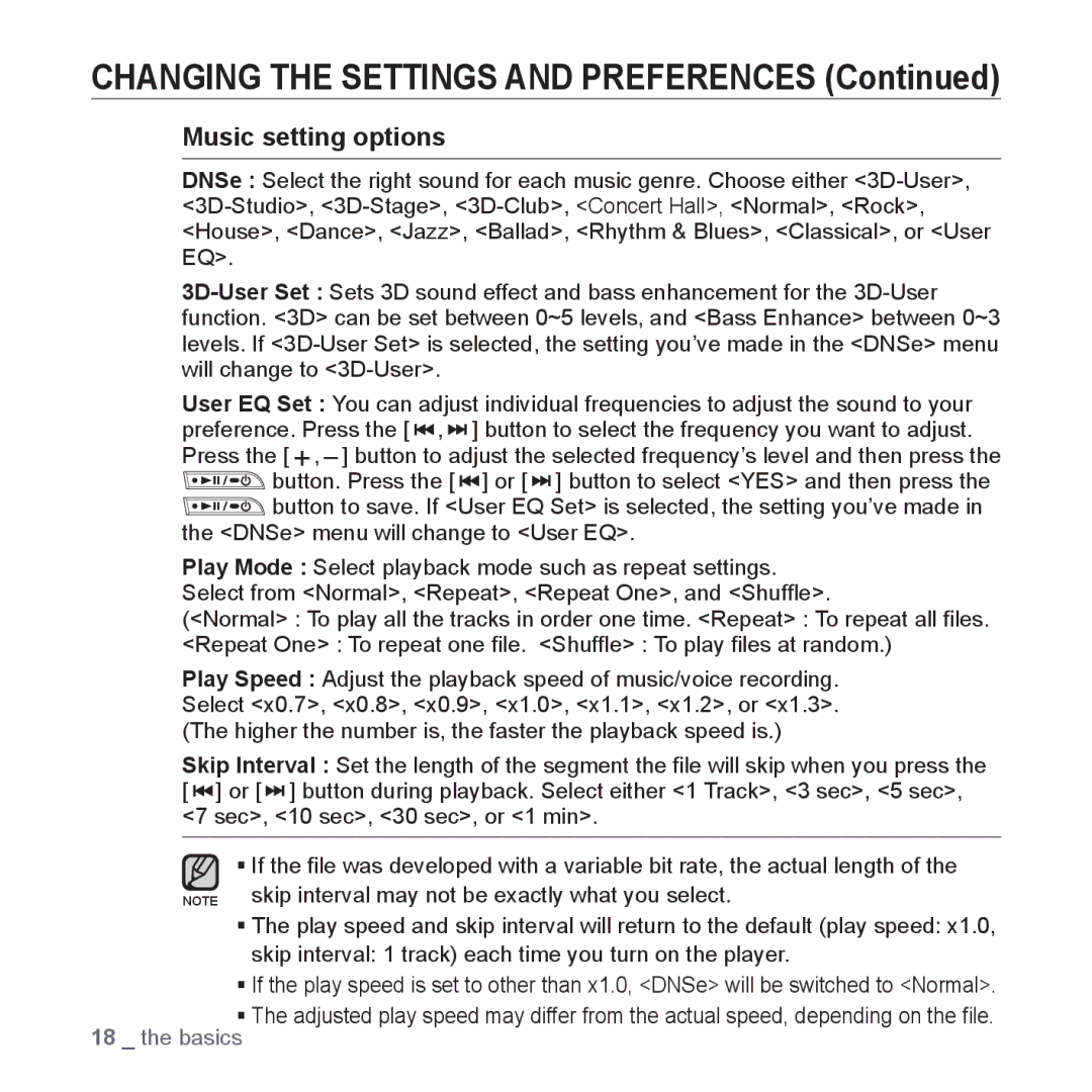 Samsung YP-U3JZG/XET, YP-U3JZW/XEF, YP-U3JZB/XEF, YP-U3JZP/XEF Changing the Settings and Preferences, Music setting options 