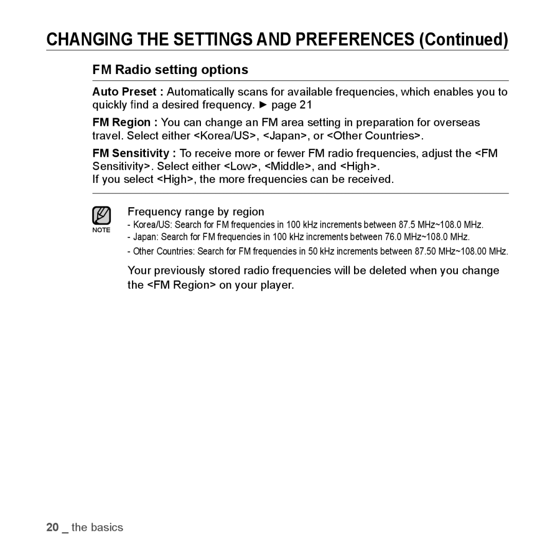 Samsung YP-U3JQP/XET, YP-U3JZW/XEF, YP-U3JZB/XEF, YP-U3JZP/XEF, YP-U3JAB/XEF, YP-U2RZB/XEF manual FM Radio setting options 