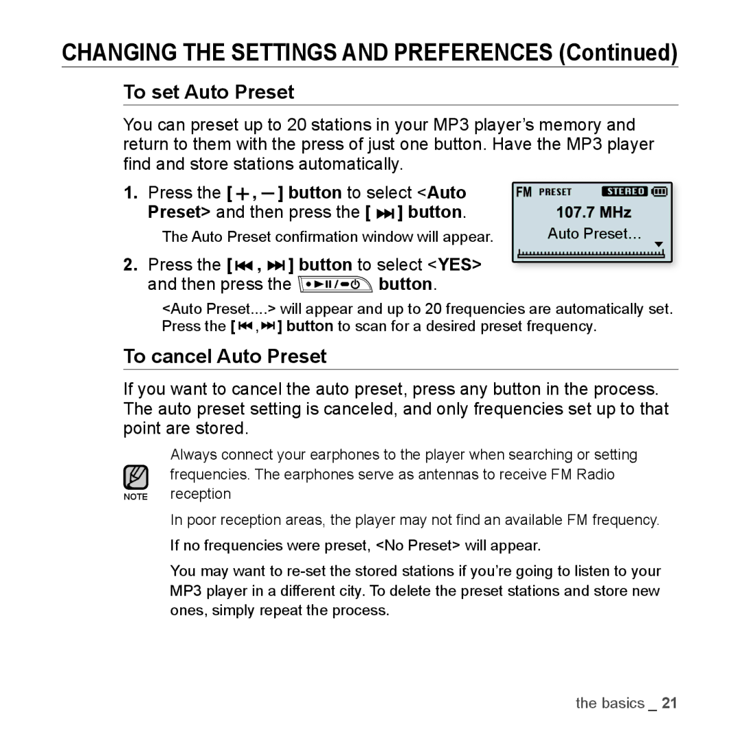 Samsung YP-U3JZW/XEO, YP-U3JZW/XEF, YP-U3JZB/XEF To set Auto Preset, Press the , button to select YES Then press the button 