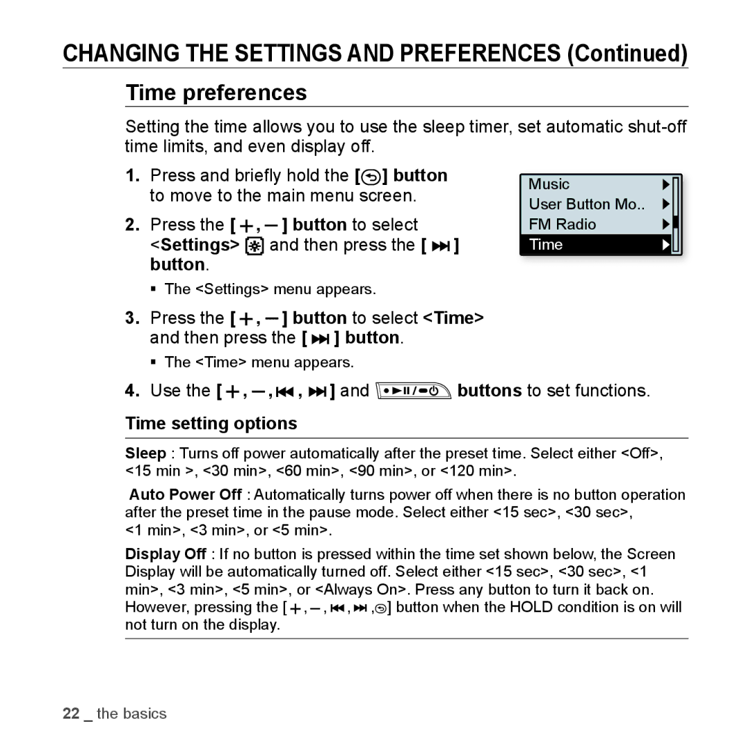 Samsung YP-U3JAW/XEO Time preferences, Press the , button to select Time and then press the button, Time setting options 