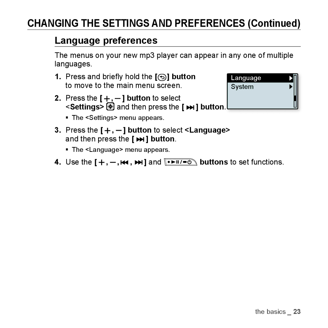 Samsung YP-U3JZG/XEO, YP-U3JZW/XEF, YP-U3JZB/XEF, YP-U3JZP/XEF manual Language preferences, Press the , button to select 