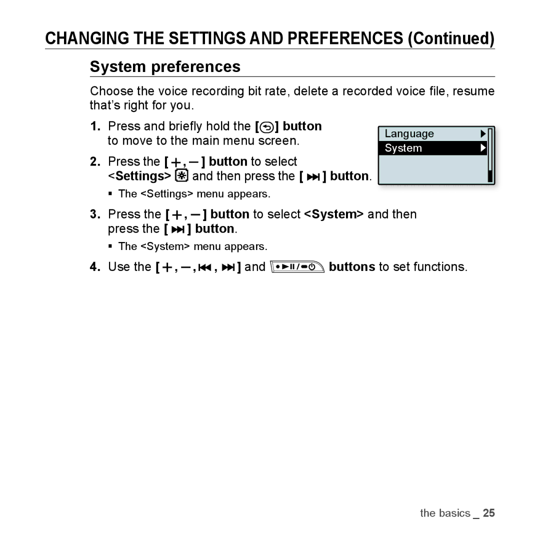 Samsung YP-U3JAB/XEO, YP-U3JZW/XEF, YP-U3JZB/XEF, YP-U3JZP/XEF, YP-U3JAB/XEF, YP-U2RZB/XEF, YP-U2RZB/ELS System preferences 