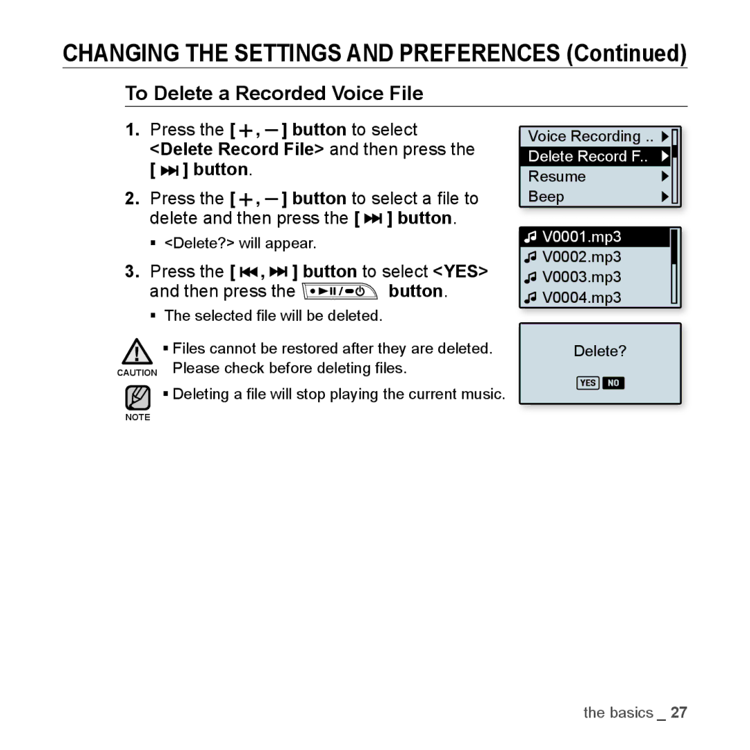 Samsung YP-U3JZL/XEO, YP-U3JZW/XEF, YP-U3JZB/XEF, YP-U3JZP/XEF, YP-U3JAB/XEF, YP-U2RZB/XEF To Delete a Recorded Voice File 