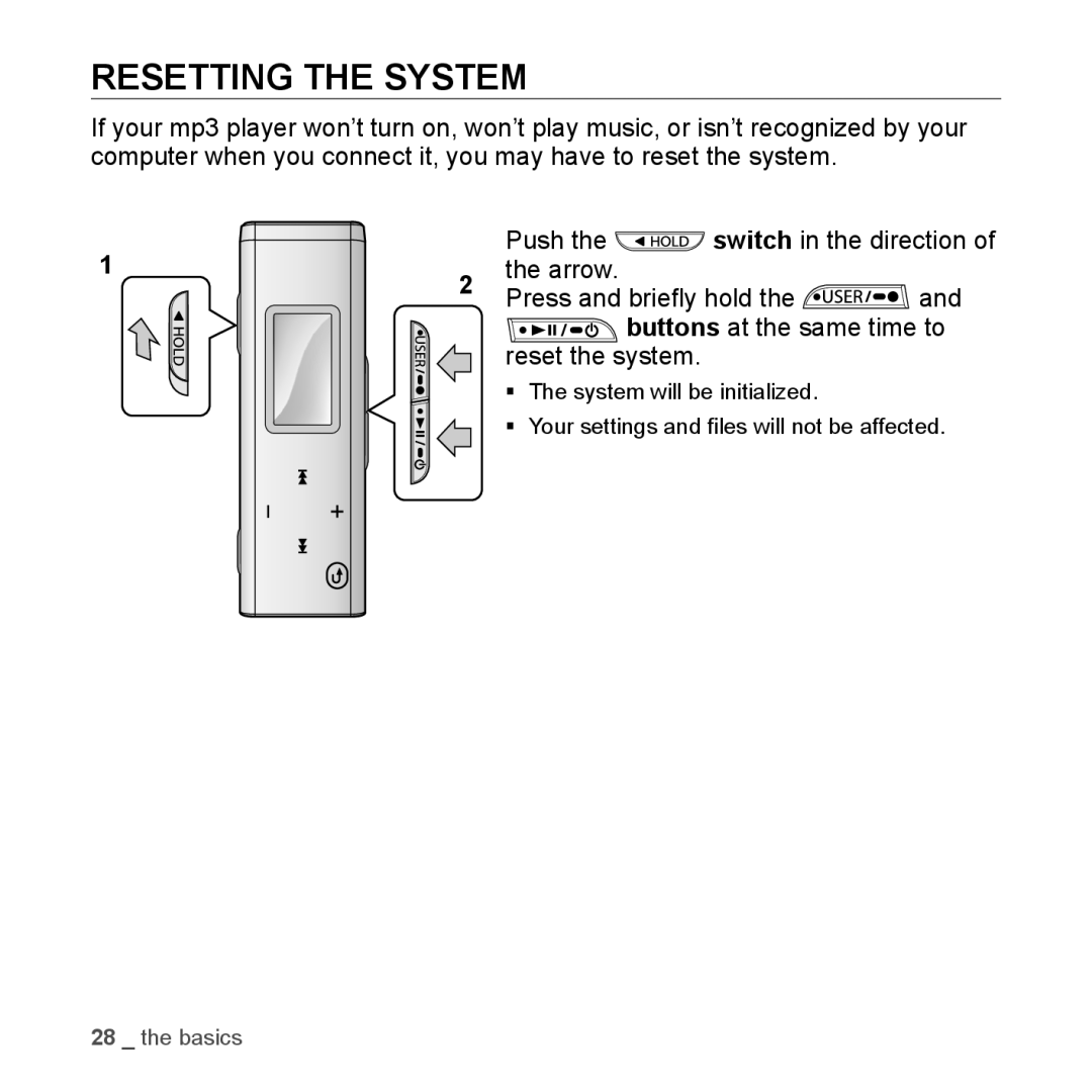 Samsung YP-U3JQG/XEO, YP-U3JZW/XEF, YP-U3JZB/XEF, YP-U3JZP/XEF, YP-U3JAB/XEF, YP-U2RZB/XEF, YP-U2RZB/ELS Resetting the System 