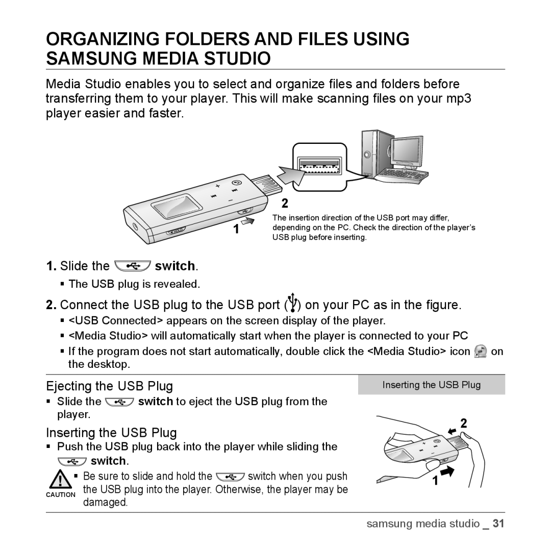 Samsung YP-U3JQW/XEO, YP-U3JZW/XEF manual Organizing Folders and Files Using Samsung Media Studio, Ejecting the USB Plug 