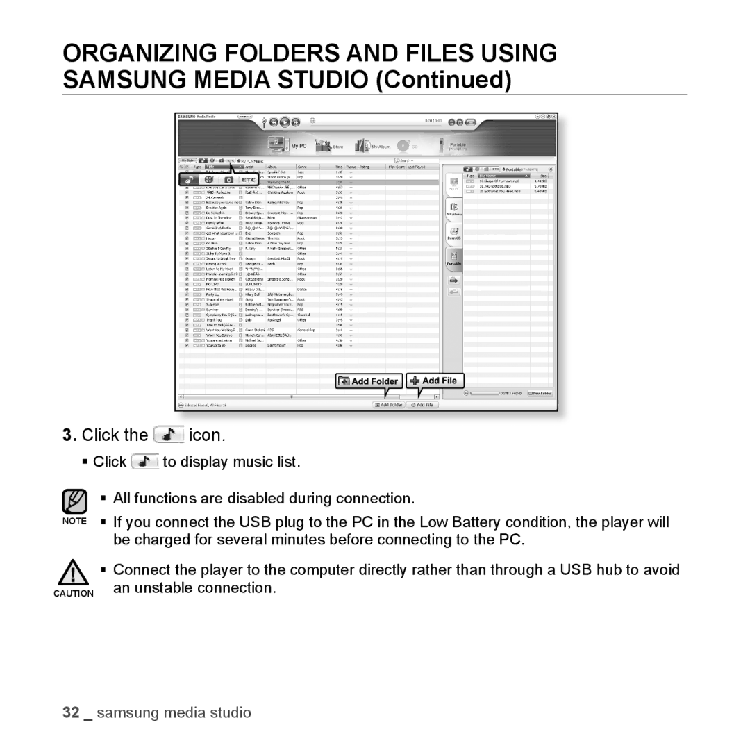 Samsung YP-U3JQB/XEO, YP-U3JZW/XEF, YP-U3JZB/XEF Organizing Folders and Files Using Samsung Media Studio, Click the icon 