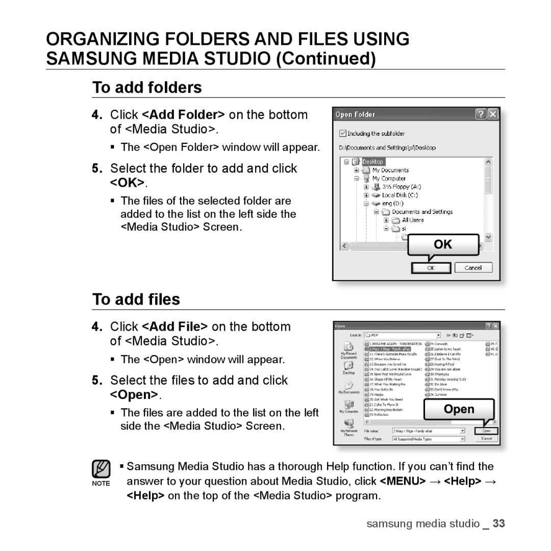 Samsung YP-U3ZB/AAW, YP-U3JZW/XEF, YP-U3JZB/XEF, YP-U3JZP/XEF, YP-U3JAB/XEF, YP-U2RZB/XEF manual To add folders, To add ﬁles 