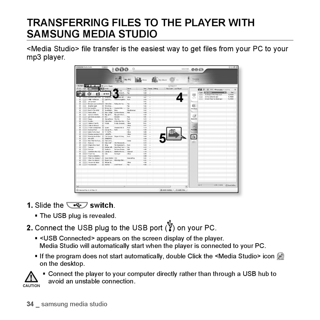 Samsung YP-U3ZB/HAC, YP-U3JZW/XEF, YP-U3JZB/XEF, YP-U3JZP/XEF Transferring Files to the Player with Samsung Media Studio 