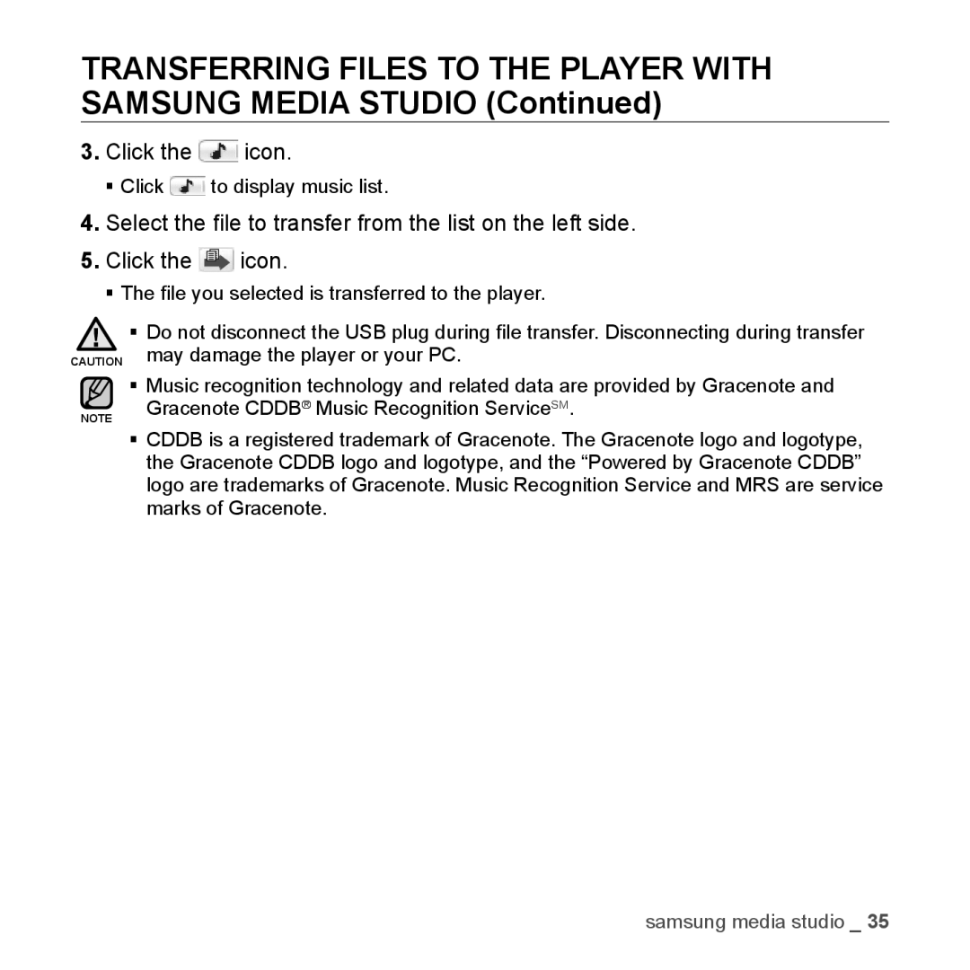 Samsung YP-U3AB/MEA, YP-U3JZW/XEF, YP-U3JZB/XEF, YP-U3JZP/XEF Transferring Files to the Player with Samsung Media Studio 