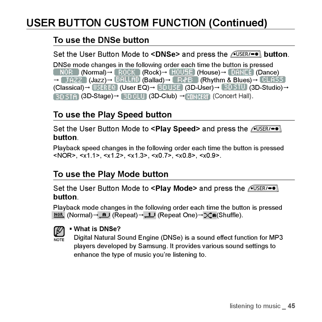 Samsung YP-U3JZB/XEE, YP-U3JZW/XEF, YP-U3JZB/XEF, YP-U3JZP/XEF manual Set the User Button Mode to DNSe and press the button 